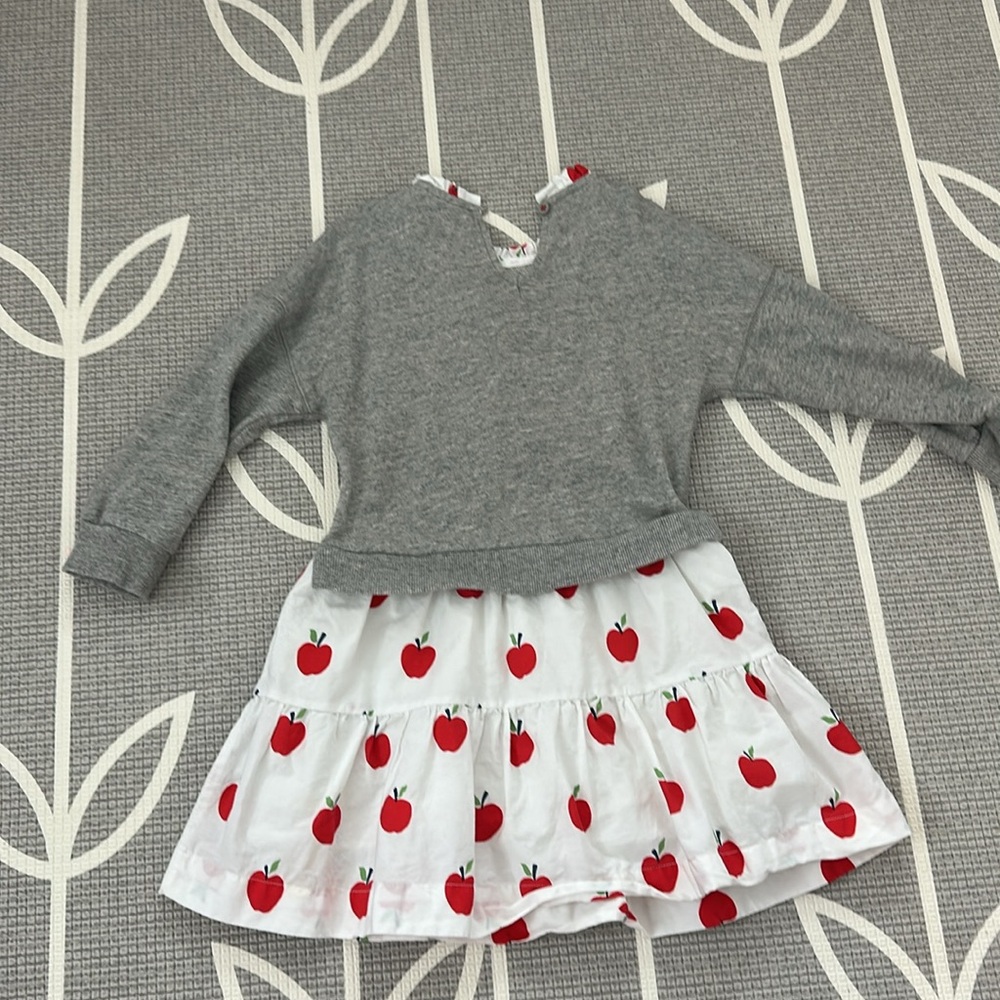 Mini Boden - Charming Gray and White Dress with Red Apple Design - Picture 3 of 5